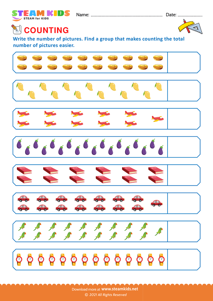 Free Math Worksheet - Counting using pictures - Worksheet 4 - STEAM KIDS