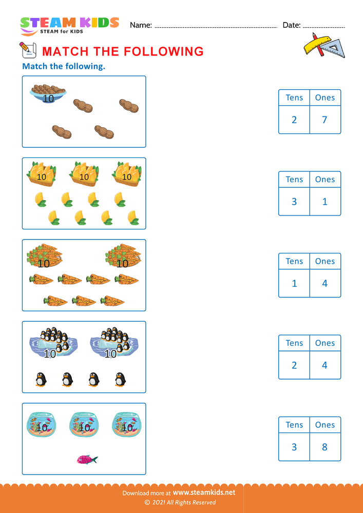 Free Math Worksheet - Match the following - Worksheet 19 - STEAM KIDS