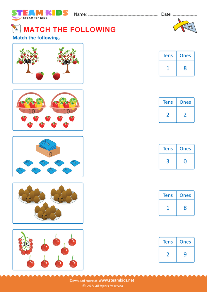 Free Math Worksheet - Match the following - Worksheet 30