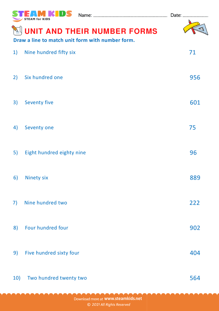Free Math Worksheet - Unit and their Number forms - Worksheet 6