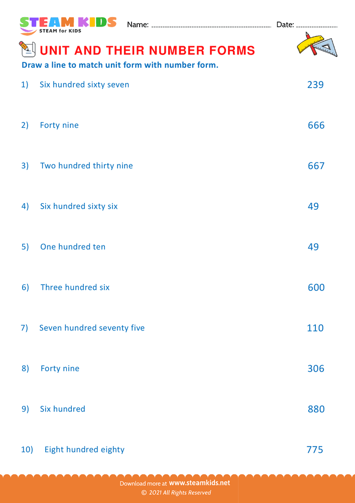 Free Math Worksheet - Unit and their Number forms - Worksheet 7