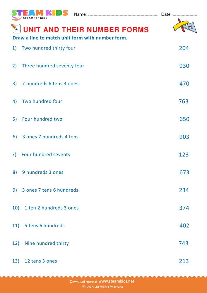 Free Math Worksheet - Unit and their Number forms - Worksheet 8