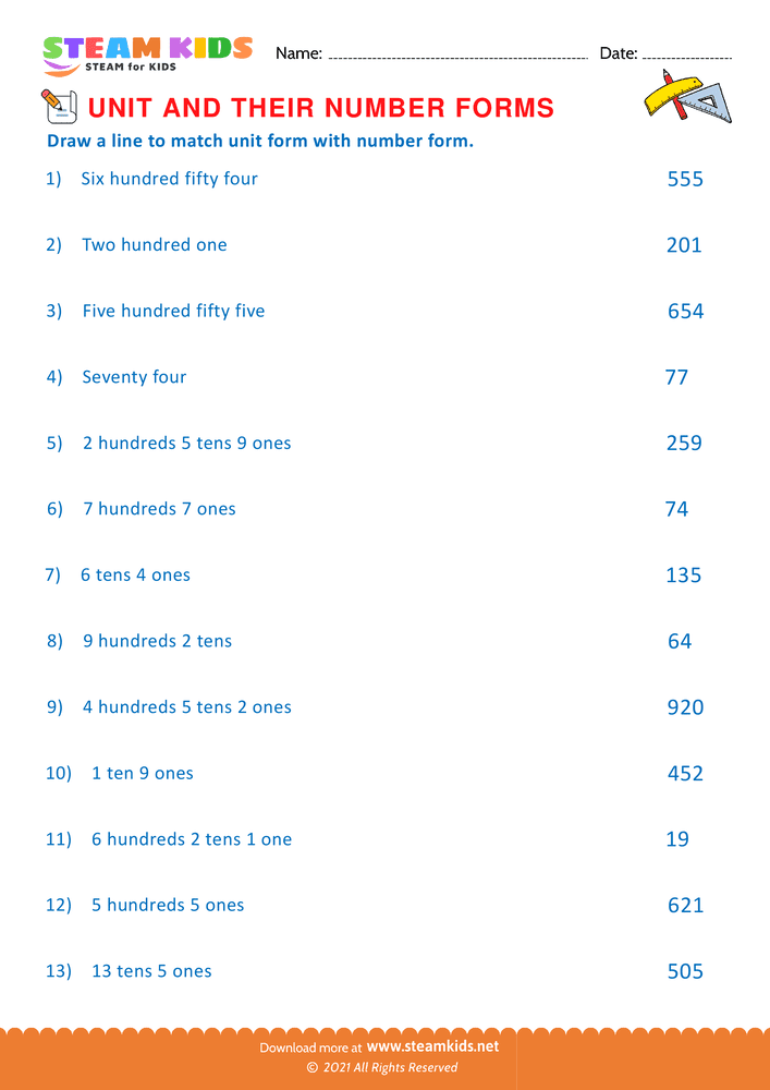 Free Math Worksheet - Unit and their Number forms - Worksheet 9