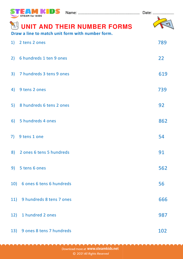 Free Math Worksheet - Unit and their Number forms - Worksheet 10