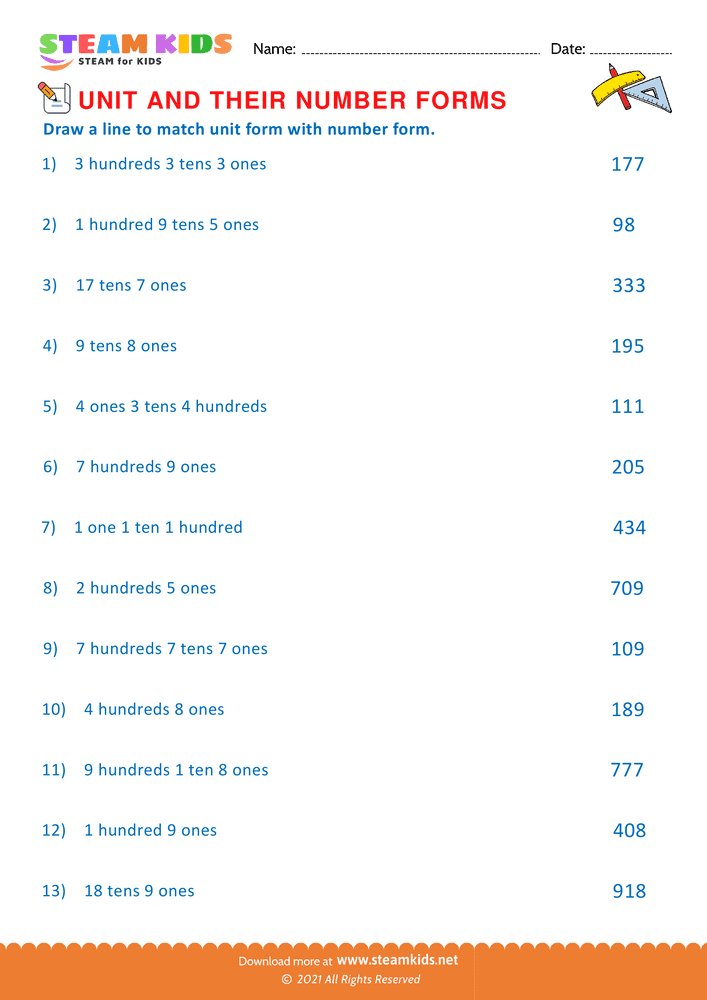 Free Math Worksheet - Unit and their Number forms - Worksheet 11