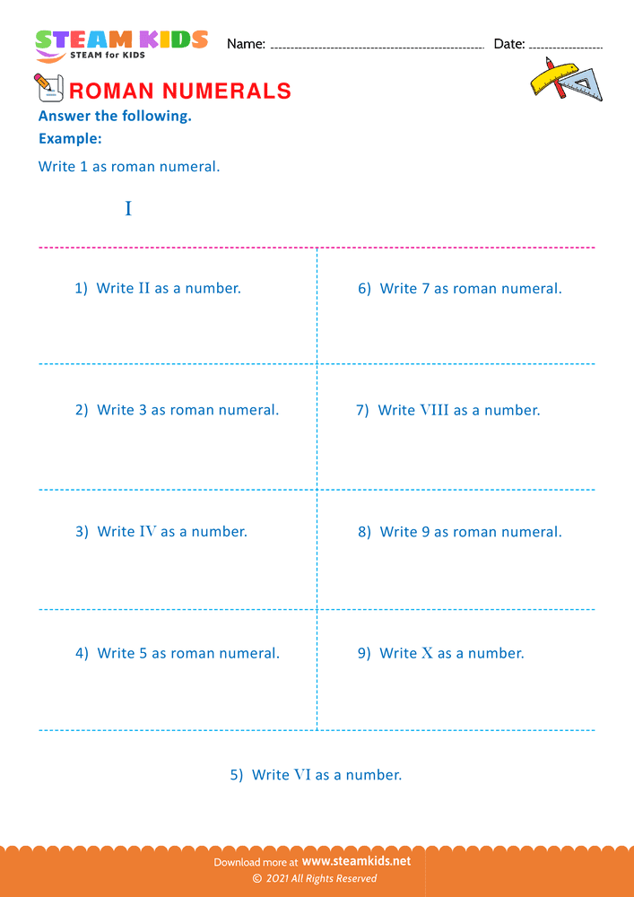 Free Math Worksheet - Roman numerals - Worksheet 9