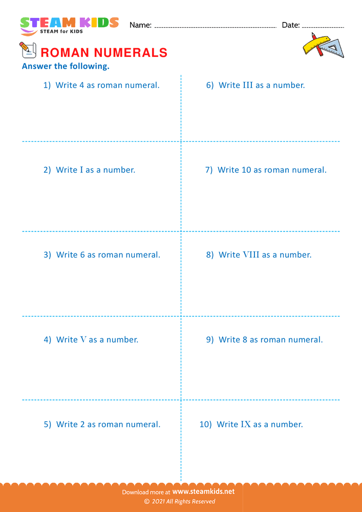 Free Math Worksheet - Roman numerals - Worksheet 10