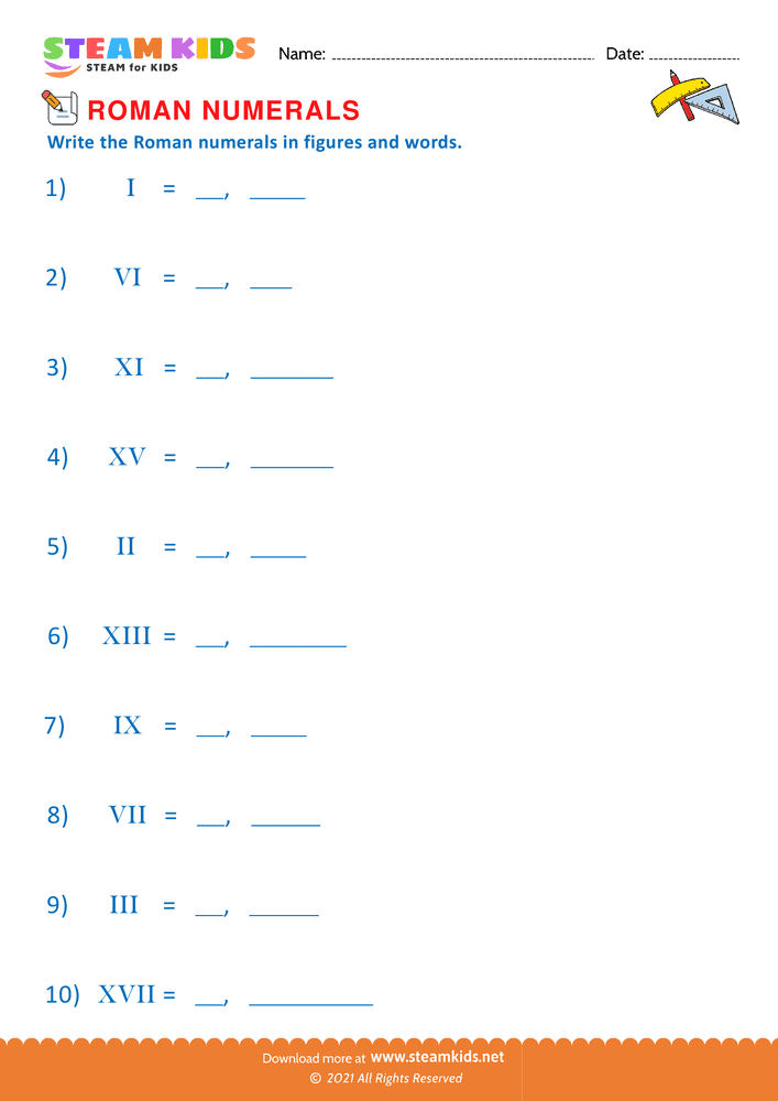 Free Math Worksheet - Roman numberals to figures - Worksheet 6