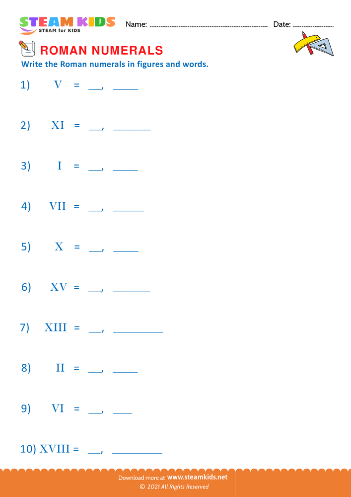 Free Math Worksheet - Roman numberals to figures - Worksheet 8