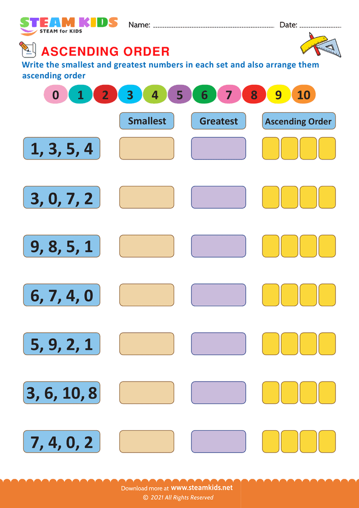 Free Math Worksheet - Ascending Order - Worksheet 2