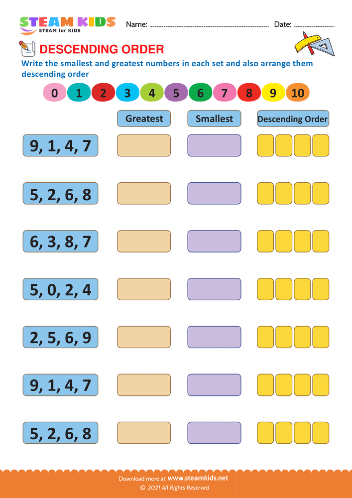 Free Math Worksheet - Ascending Order - Worksheet 4