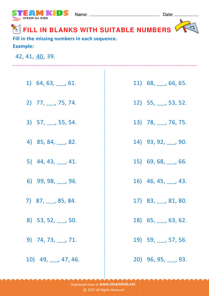 Free Math Worksheet - Fill the missing number - Worksheet 6