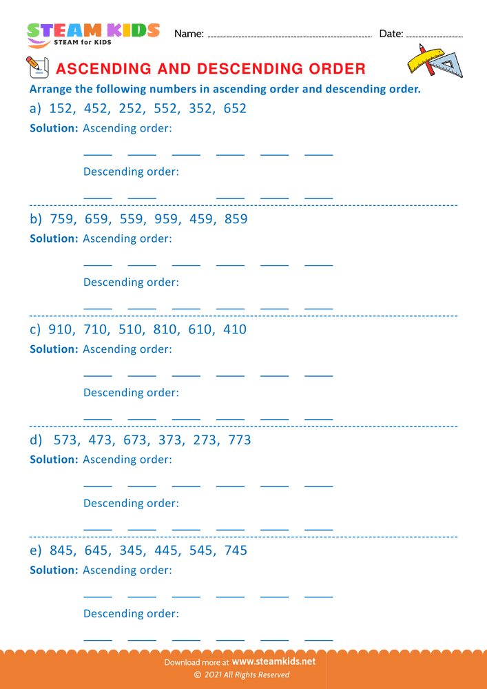 Free Math Worksheet - Ascending and Descending Order - Worksheet 2