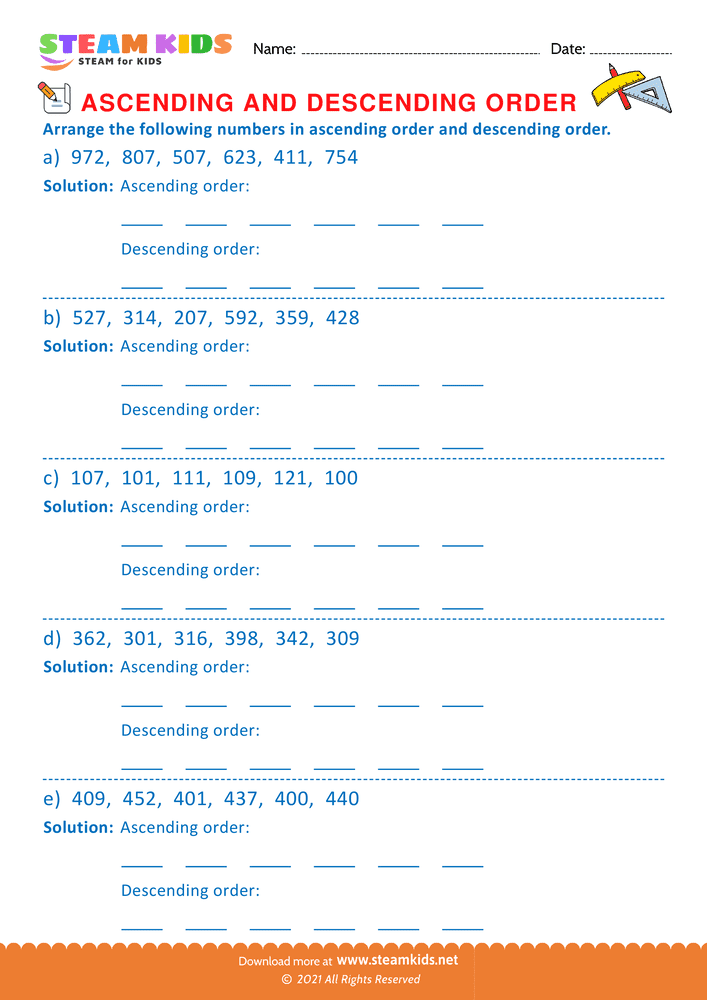 Free Math Worksheet - Ascending and Descending Order - Worksheet 3