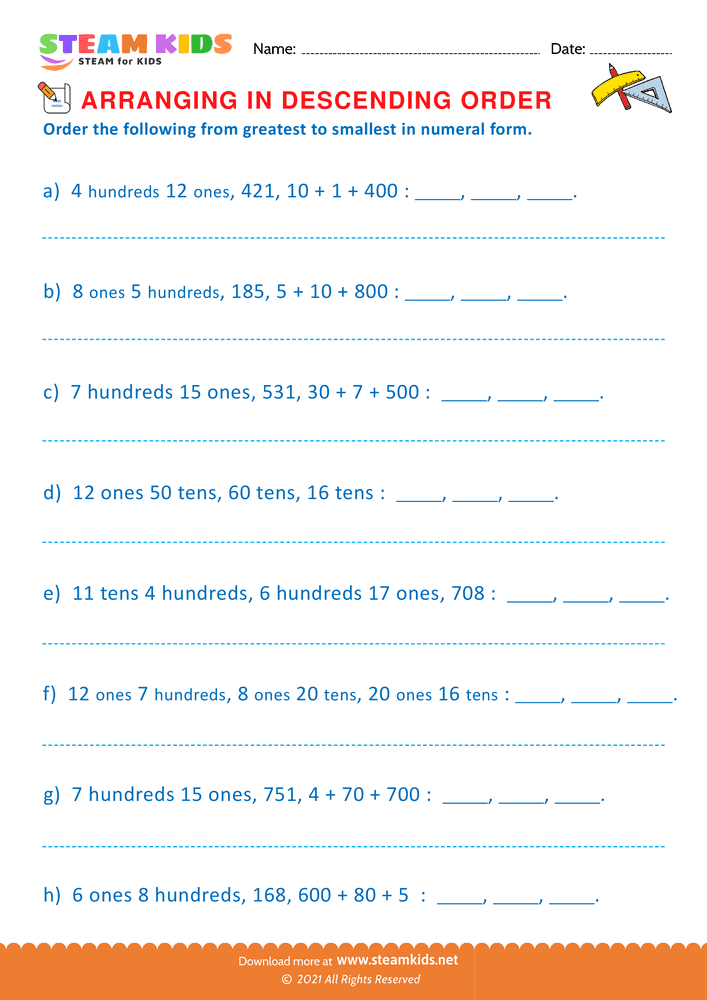 Free Math Worksheet - Formation of Descending Order - Worksheet 4