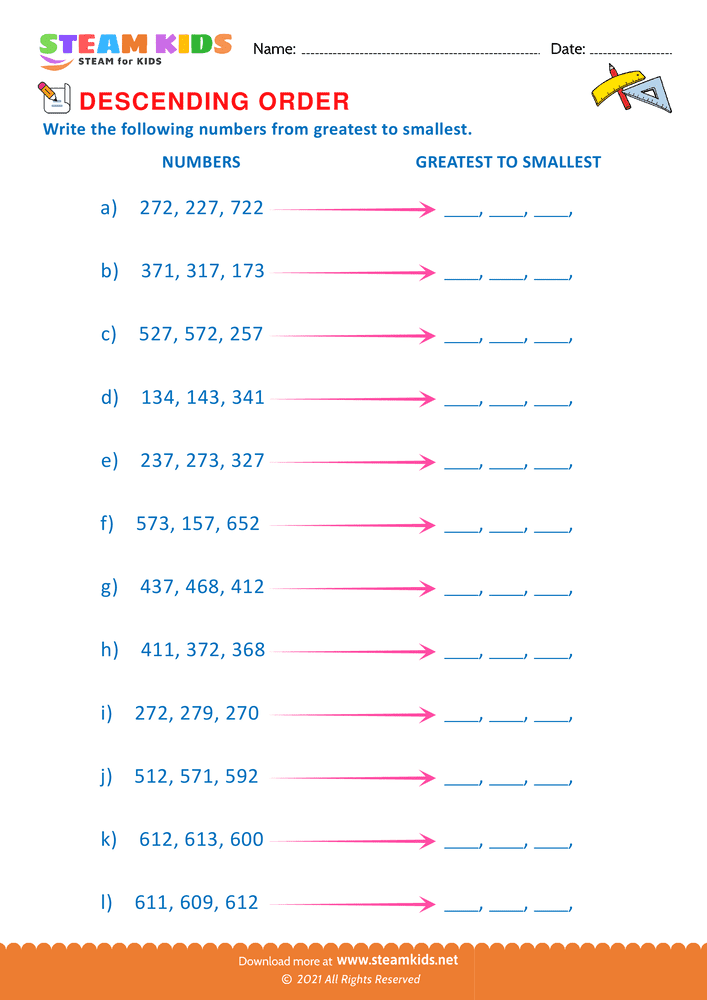 Free Math Worksheet - Ascending Order - Worksheet 3