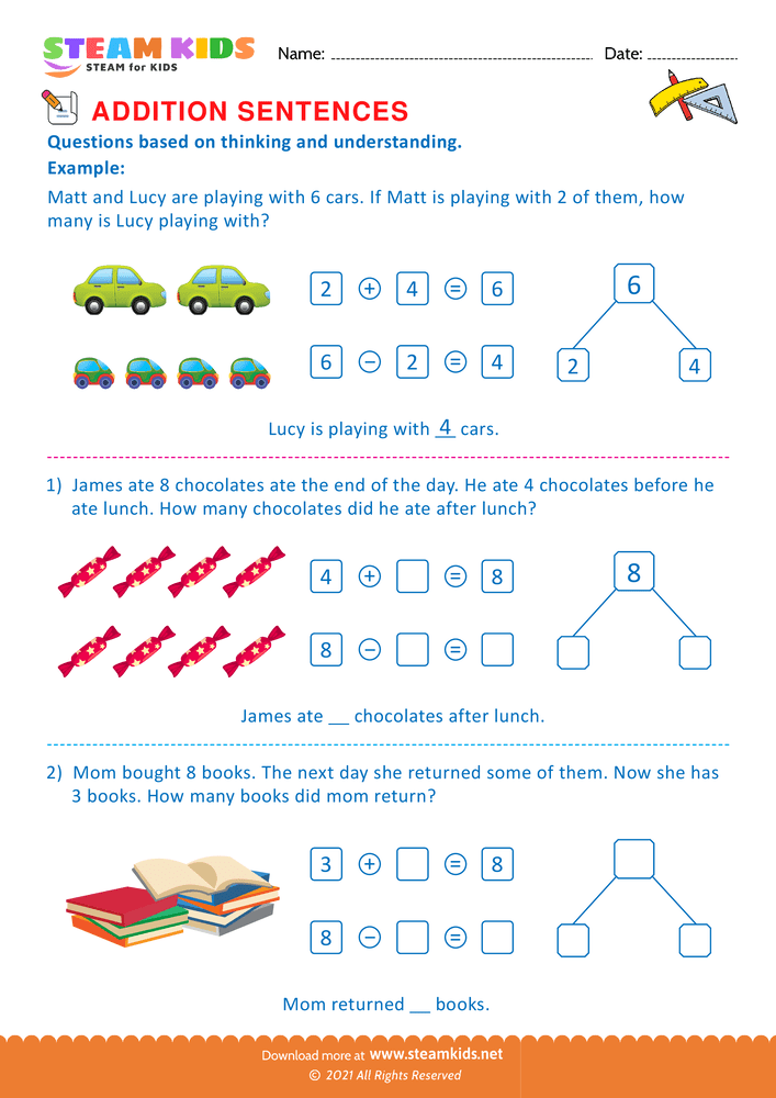 Free Math Worksheet - Using addition sentences - Worksheet 1 - STEAM KIDS