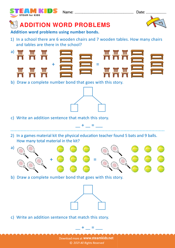 Free Math Worksheet - Word problems using number bonds - Worksheet 2