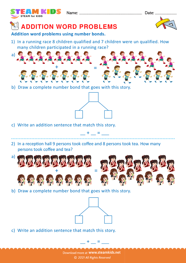 Free Math Worksheet - Word problems using number bonds - Worksheet 3