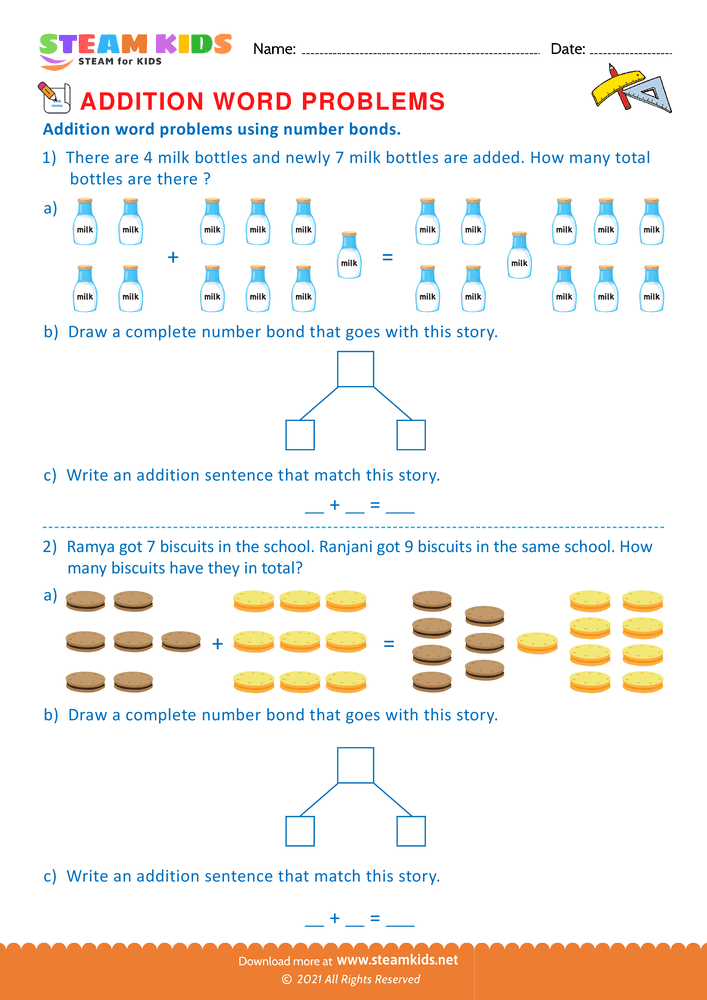 Free Math Worksheet - Word problems using number bonds - Worksheet 4