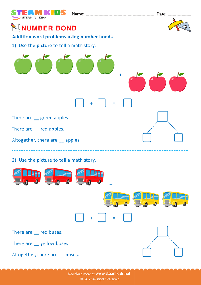 Free Math Worksheet - Word problems using number bonds - Worksheet 6