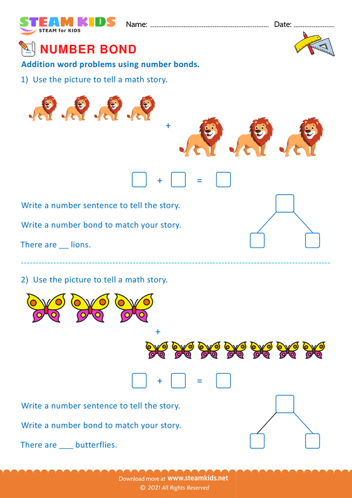 Free Math Worksheet - Word problems using number bonds - Worksheet 7
