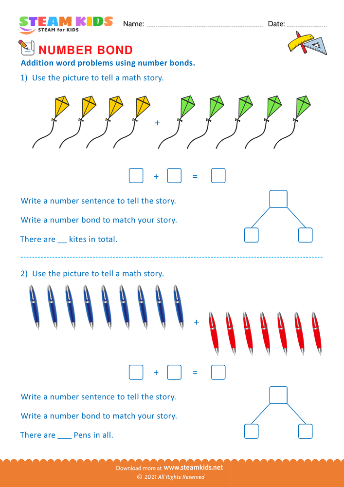 Free Math Worksheet - Word problems using number bonds - Worksheet 8