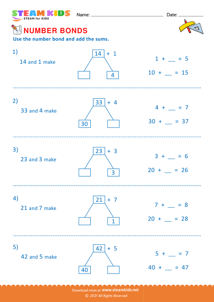 Number Bonds - Addition Worksheet For Grade 2 - STEAM KIDS