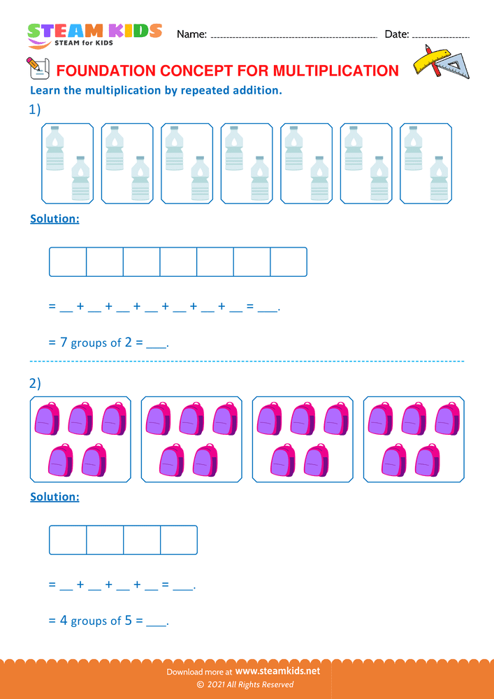Free Math Worksheet - Multiplication by repeated addition - Worksheet 8