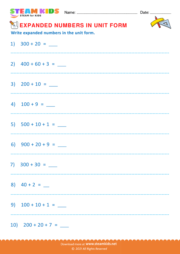 Free Math Worksheet - Unit Numbers in Expanded Form - Worksheet 3