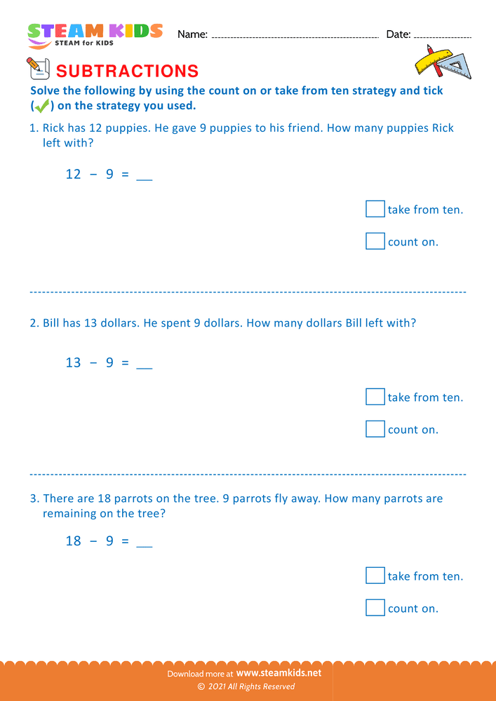 Free Math Worksheet - Take from ten - Worksheet 4