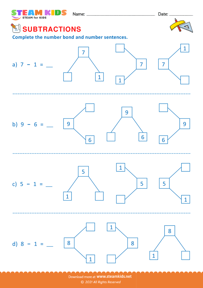 Free Math Worksheet - Subtration number sentence - Worksheet 6