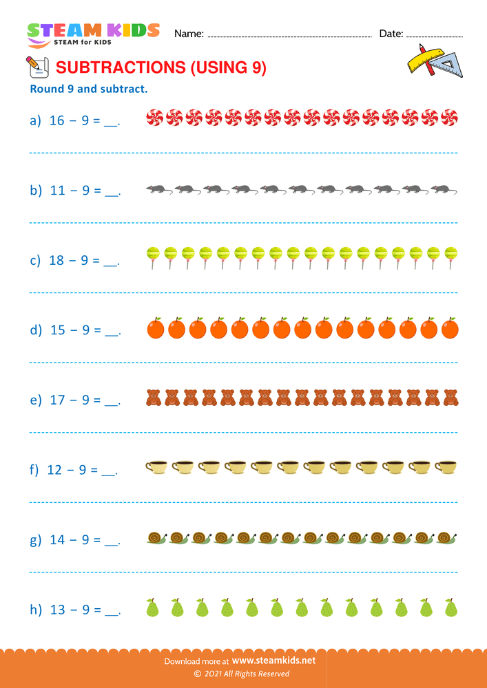 Free Math Worksheet - Round 9 and subtract - Worksheet 4