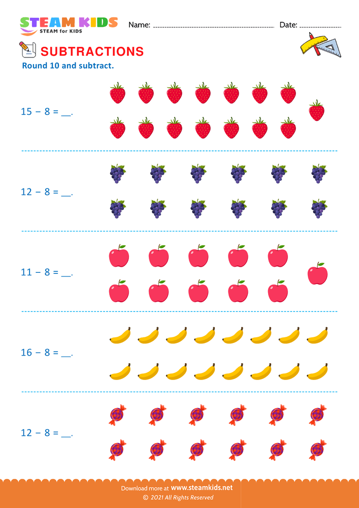 Free Math Worksheet - Round 10 and subtract - Worksheet 4