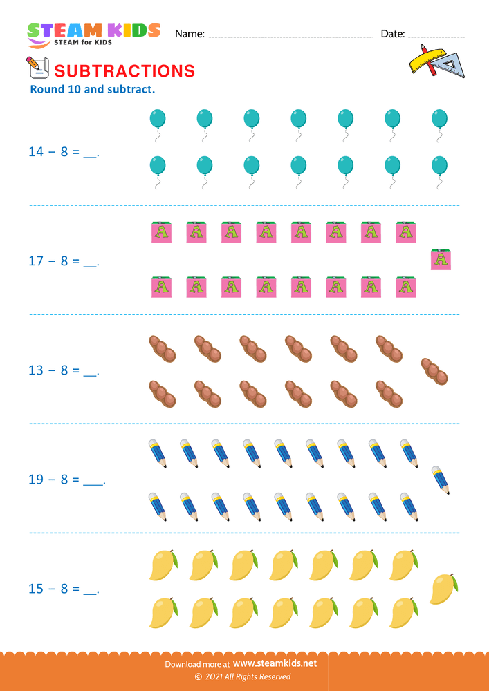 Free Math Worksheet - Round 10 and subtract - Worksheet 5