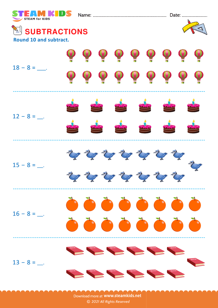 Free Math Worksheet - Round 10 and subtract - Worksheet 6