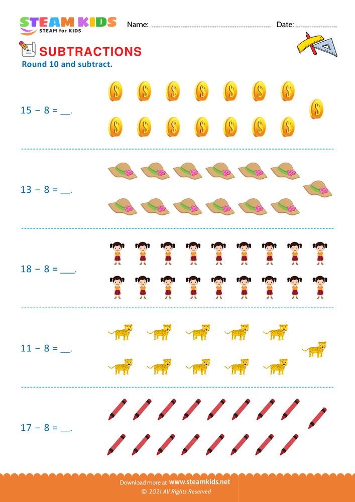 Free Math Worksheet - Round 10 and subtract - Worksheet 8