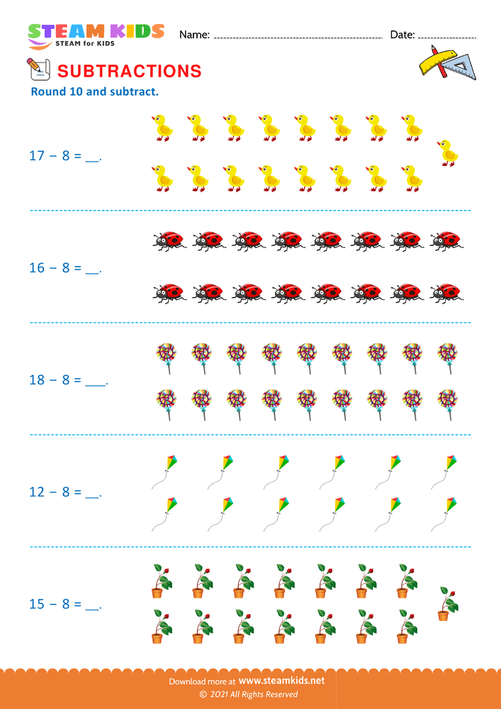 Free Math Worksheet - Round 10 and subtract - Worksheet 9