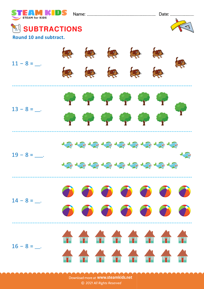 Free Math Worksheet - Round 10 and subtract - Worksheet 10