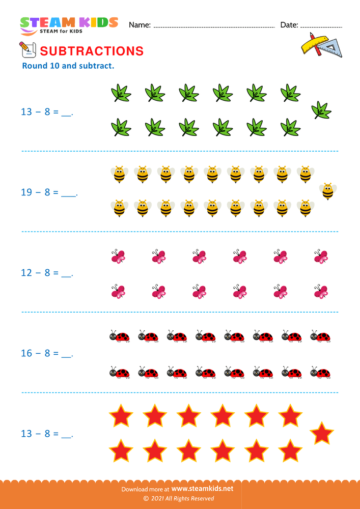 Free Math Worksheet - Round 10 and subtract - Worksheet 11