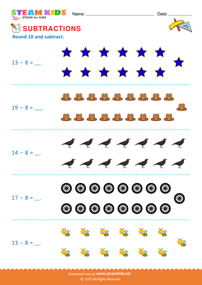 Free Math Worksheet - Round 10 and subtract - Worksheet 12