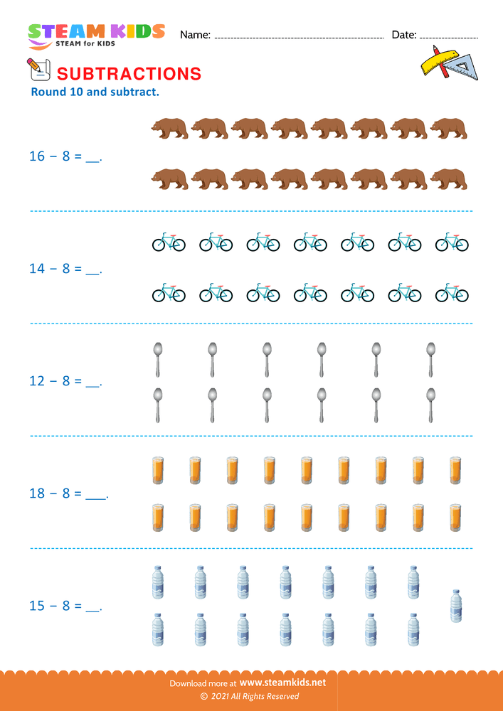 Free Math Worksheet - Round 10 and subtract - Worksheet 14