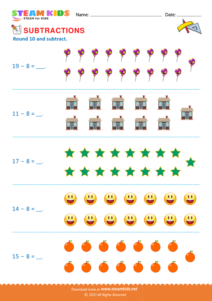Free Math Worksheet - Round 10 and subtract - Worksheet 15