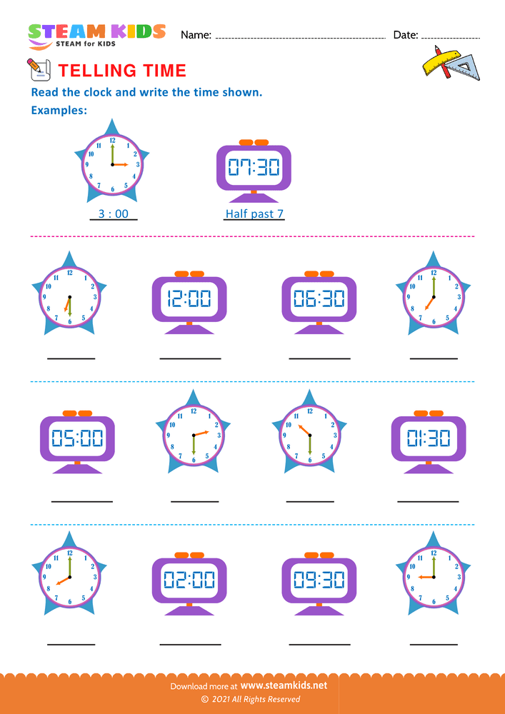 Free Math Worksheet - Telling Time - Worksheet 1