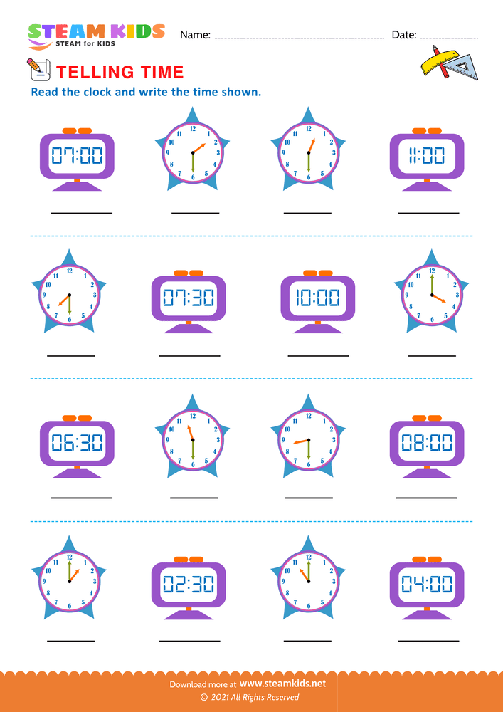Free Math Worksheet - Telling Time - Worksheet 2
