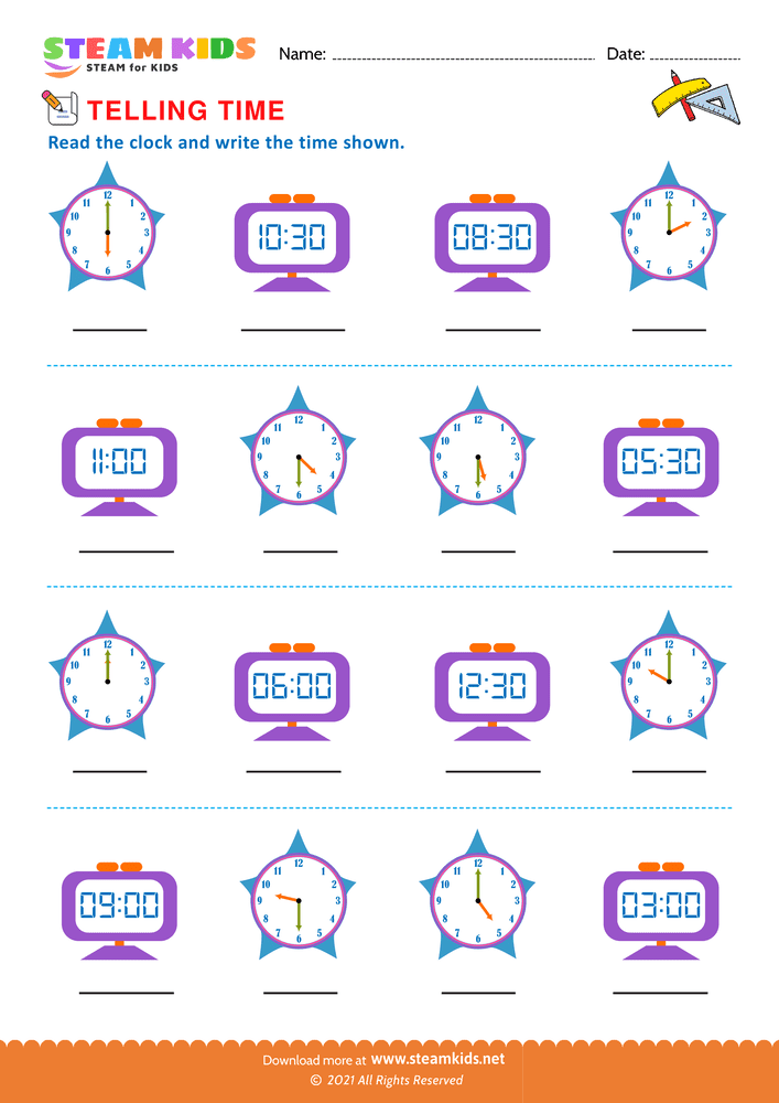 Free Math Worksheet - Telling Time - Worksheet 3