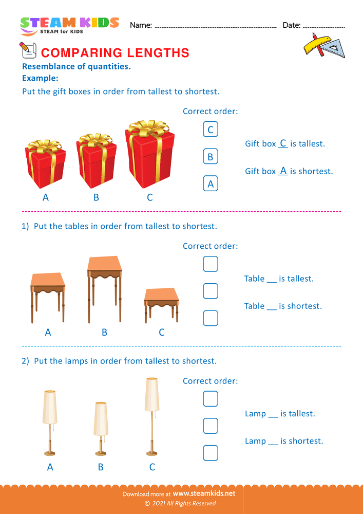Free Math Worksheet - Tallest to Shortest - Worksheet 1