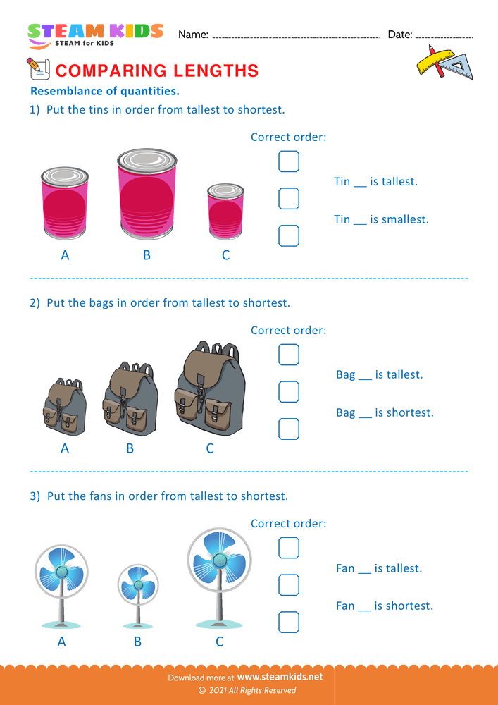 Free Math Worksheet - Tallest to Shortest - Worksheet 3