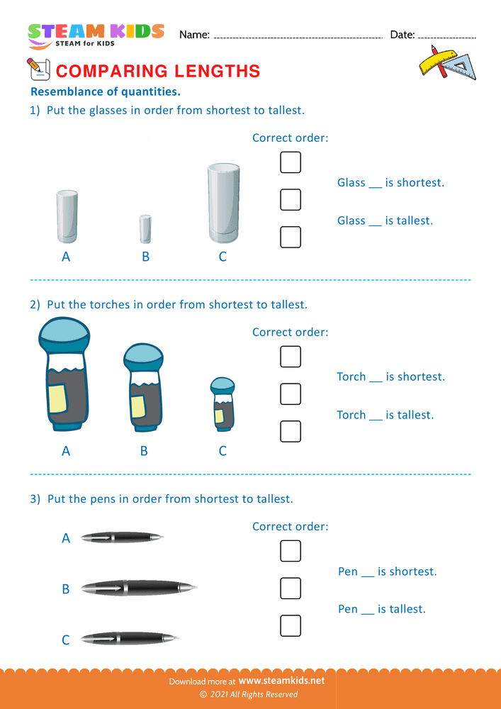Free Math Worksheet - Crrect order of quantities - Worksheet 2