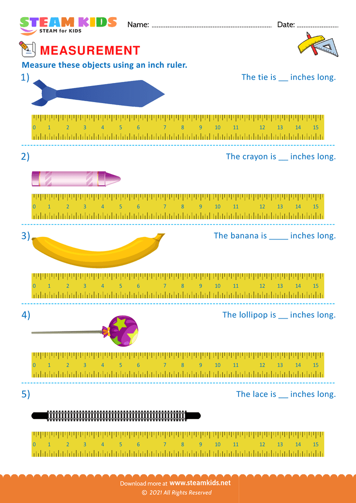 Free Math Worksheet - Measuring with inch ruler - Worksheet 4